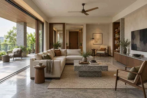 AI-generated living room design concept: wide verandah connection, granite precision direction