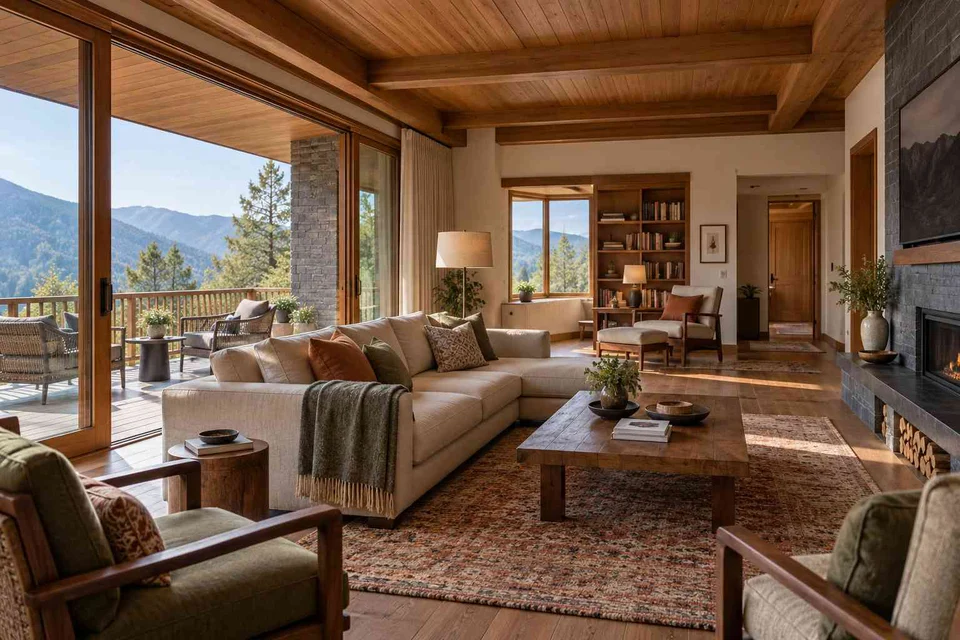 AI-generated living room design concept: wide verandah connection, hill timber direction