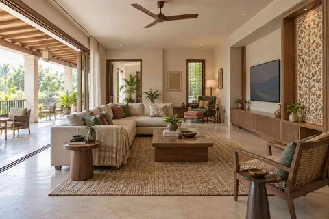 AI-generated living room design concept: wide verandah connection, inlay atelier direction