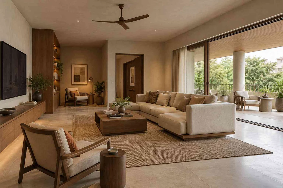 AI-generated living room design concept: wide verandah connection, lime and walnut direction