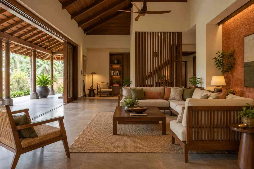 AI-generated living room design concept: wide verandah connection, malabar timber direction