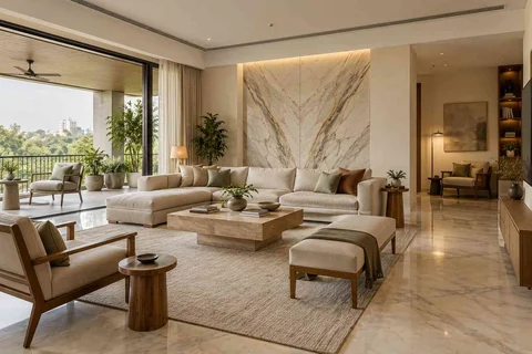 AI-generated living room design concept: wide verandah connection, marble restraint direction