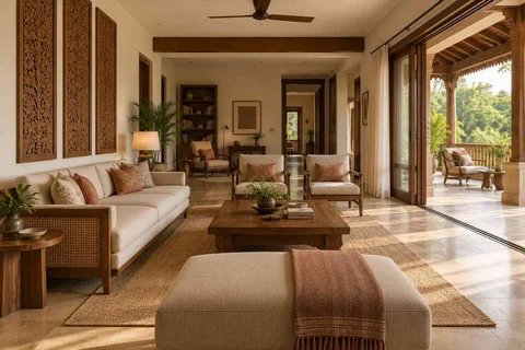 AI-generated living room design concept: wide verandah connection, modern carved direction