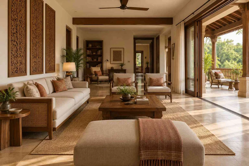 AI-generated living room design concept: wide verandah connection, modern carved direction