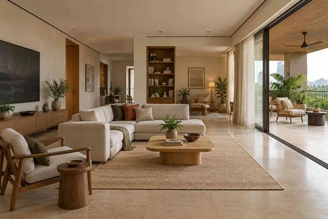 AI-generated living room design concept: wide verandah connection, quiet contemporary direction