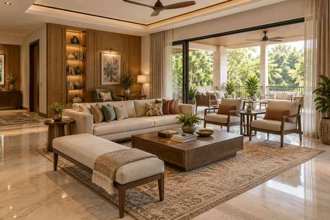 AI-generated living room design concept: wide verandah connection, quiet transitional direction
