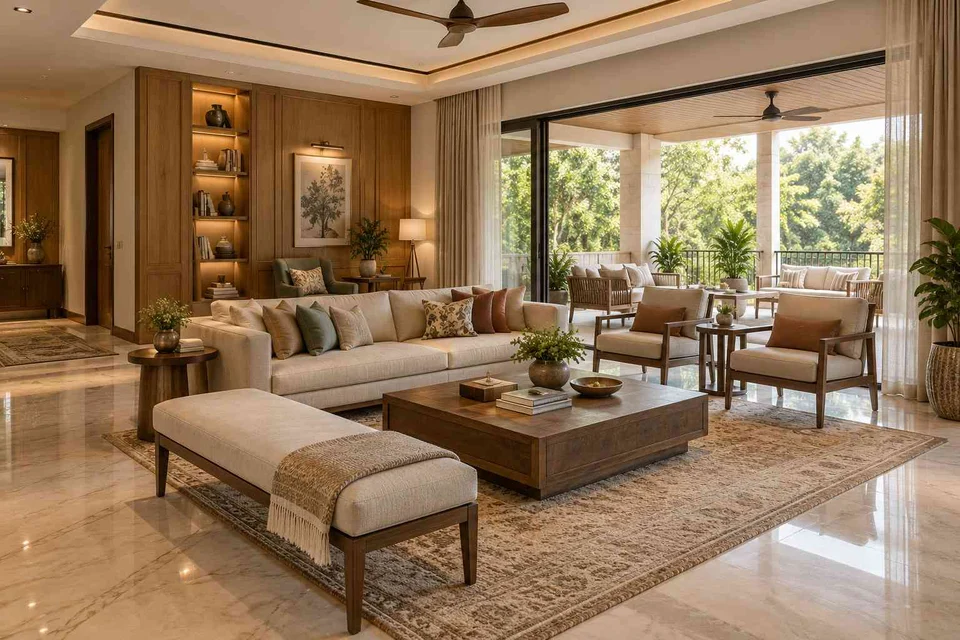 AI-generated living room design concept: wide verandah connection, quiet transitional direction