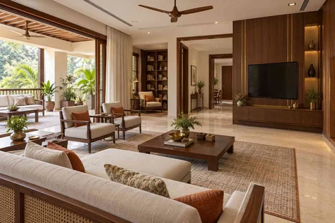 AI-generated living room design concept: wide verandah connection, rosewood brass direction
