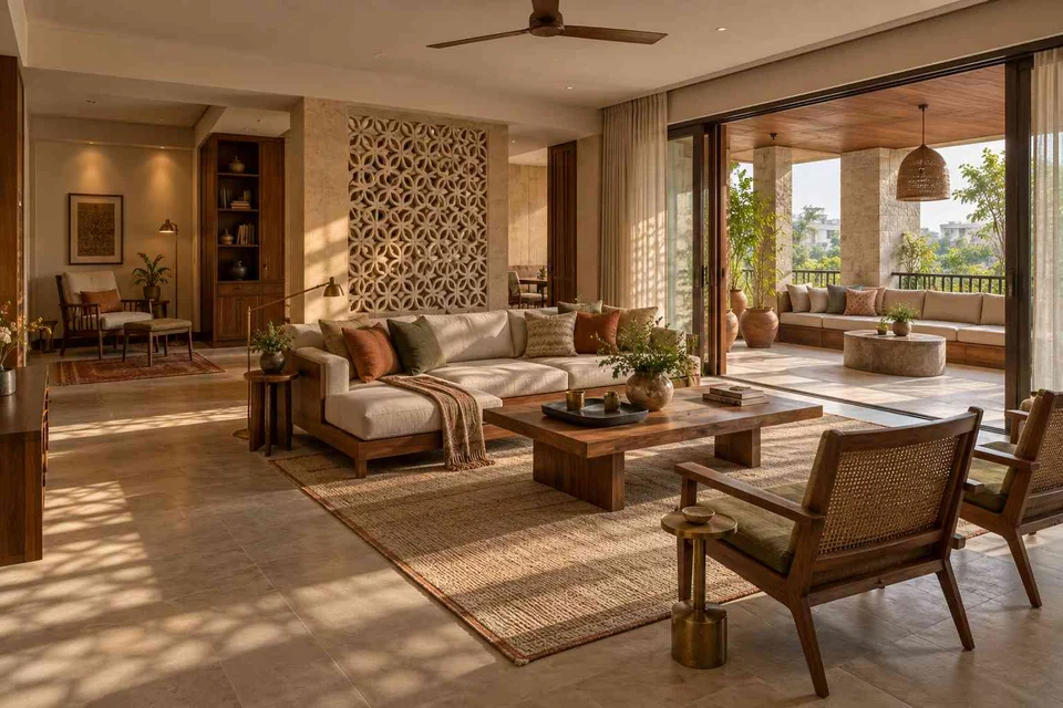 AI-generated living room design concept: wide verandah connection, sandstone lattice direction