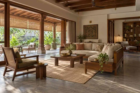 AI-generated living room design concept: wide verandah connection, teak craft direction