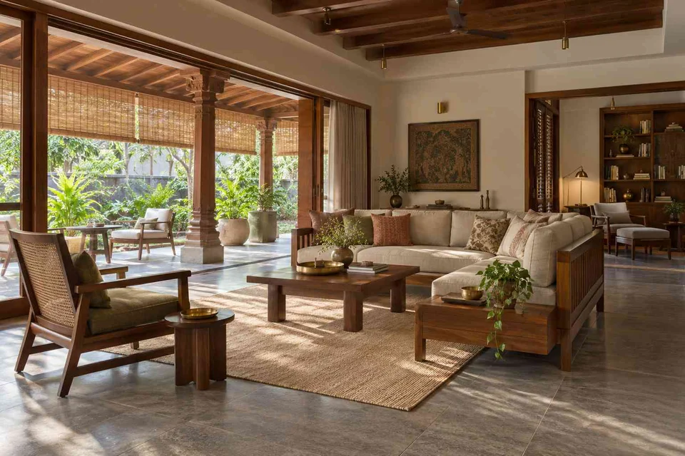 AI-generated living room design concept: wide verandah connection, teak craft direction