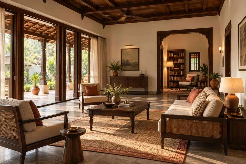 AI-generated living room design concept: wide verandah connection, terracotta heritage direction
