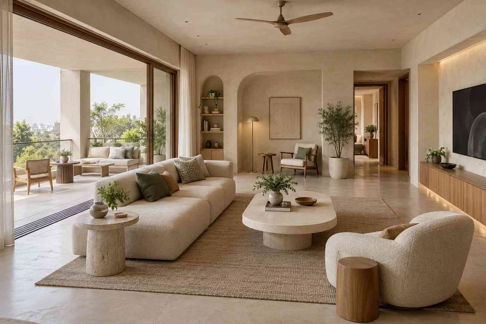 AI-generated living room design concept: wide verandah connection, textured mineral direction