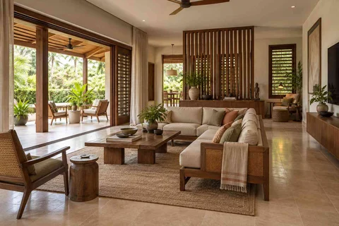 AI-generated living room design concept: wide verandah connection, tropical slatted direction