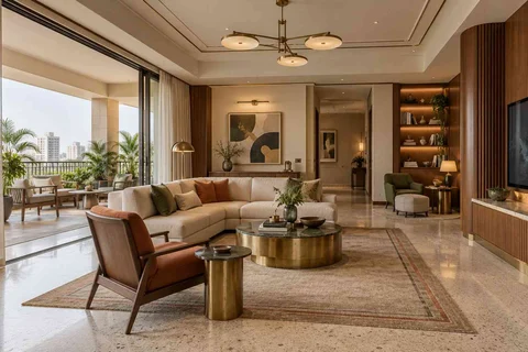 AI-generated living room design concept: wide verandah connection, urban deco direction