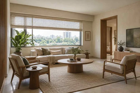 AI-generated living room design concept: wide window living, ash and linen direction