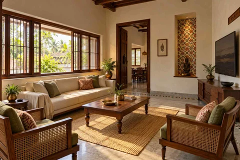 AI-generated living room design concept: wide window living, chettinad tile direction