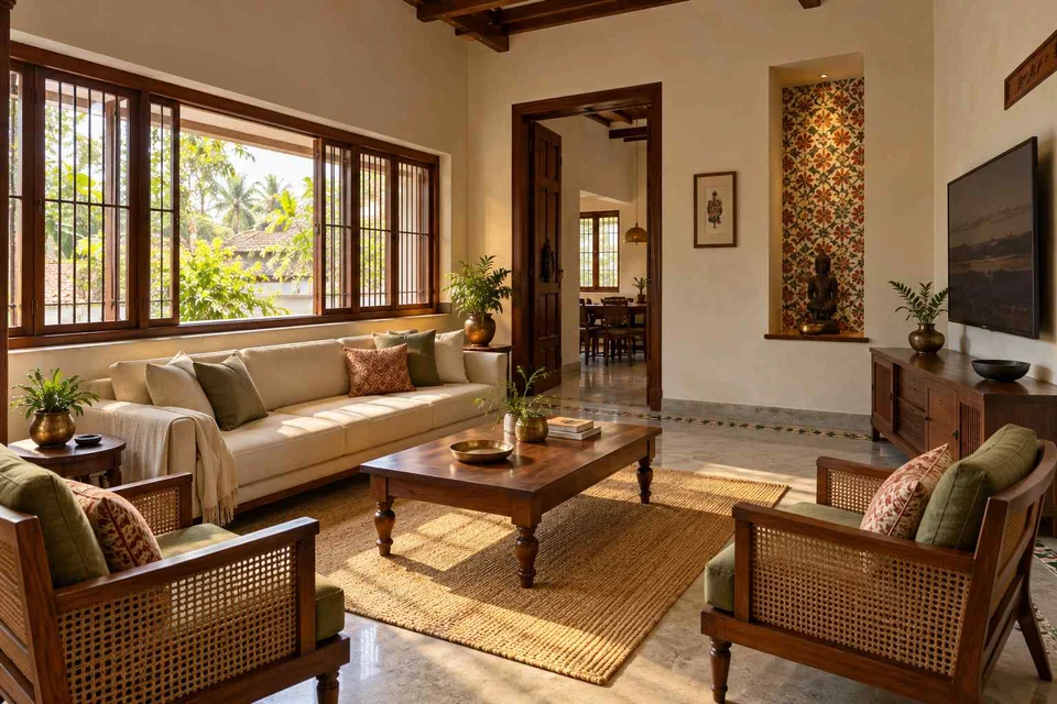 AI-generated living room design concept: wide window living, chettinad tile direction