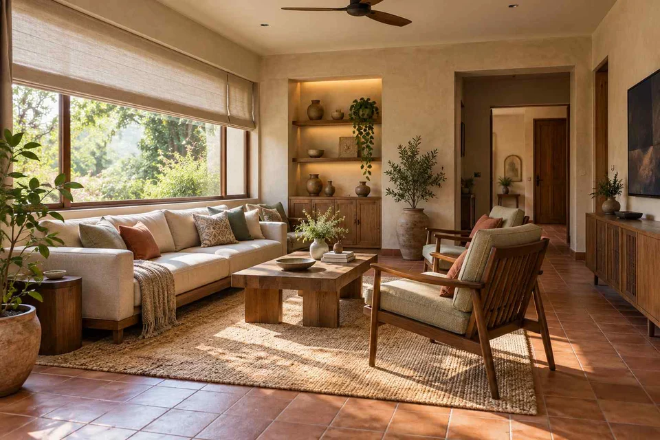 AI-generated living room design concept: wide window living, clay artisan direction