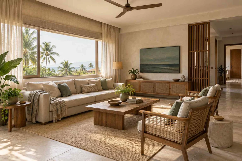 AI-generated living room design concept: wide window living, coastal woven direction
