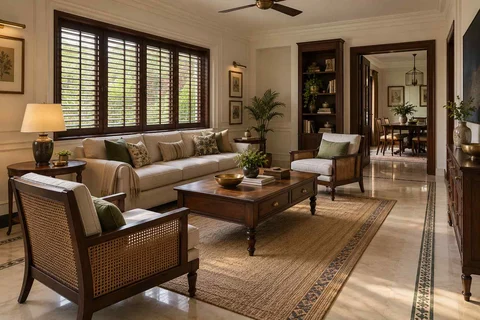 AI-generated living room design concept: wide window living, colonial quiet direction