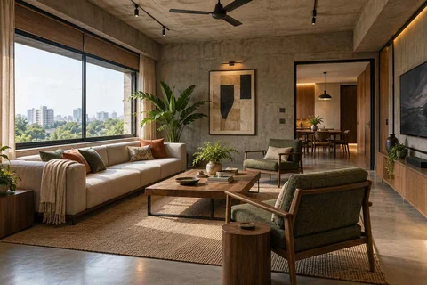 AI-generated living room design concept: wide window living, concrete and oak direction