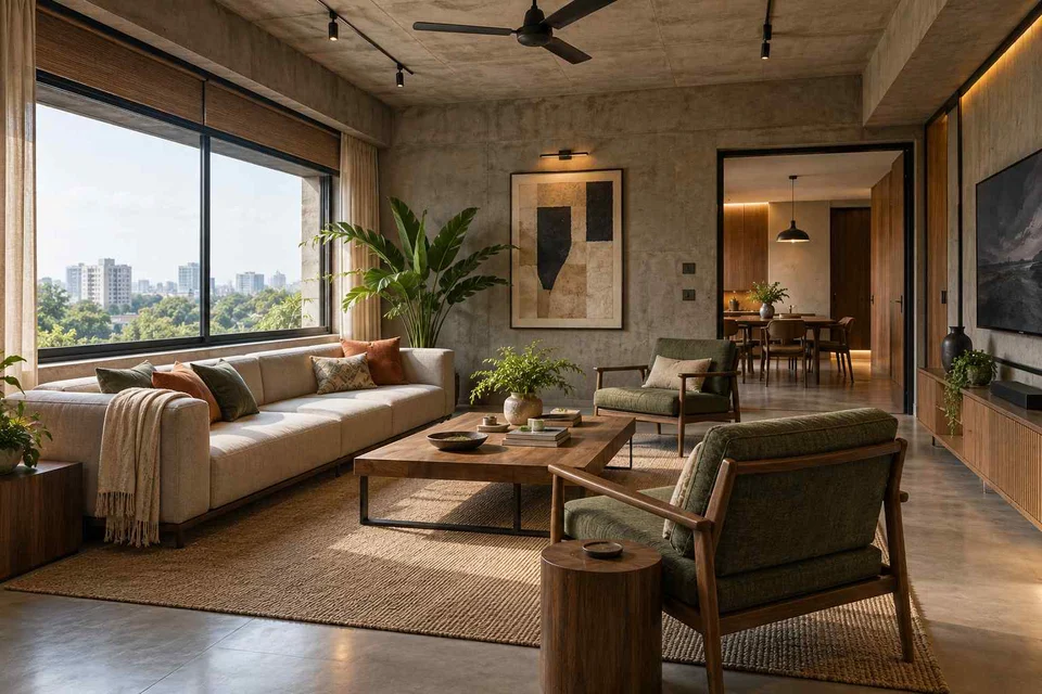 AI-generated living room design concept: wide window living, concrete and oak direction