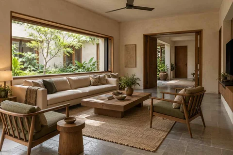 AI-generated living room design concept: wide window living, courtyard modern direction