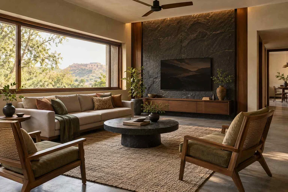 AI-generated living room design concept: wide window living, deccan stone direction