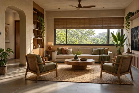 AI-generated living room design concept: wide window living, earth and bamboo direction