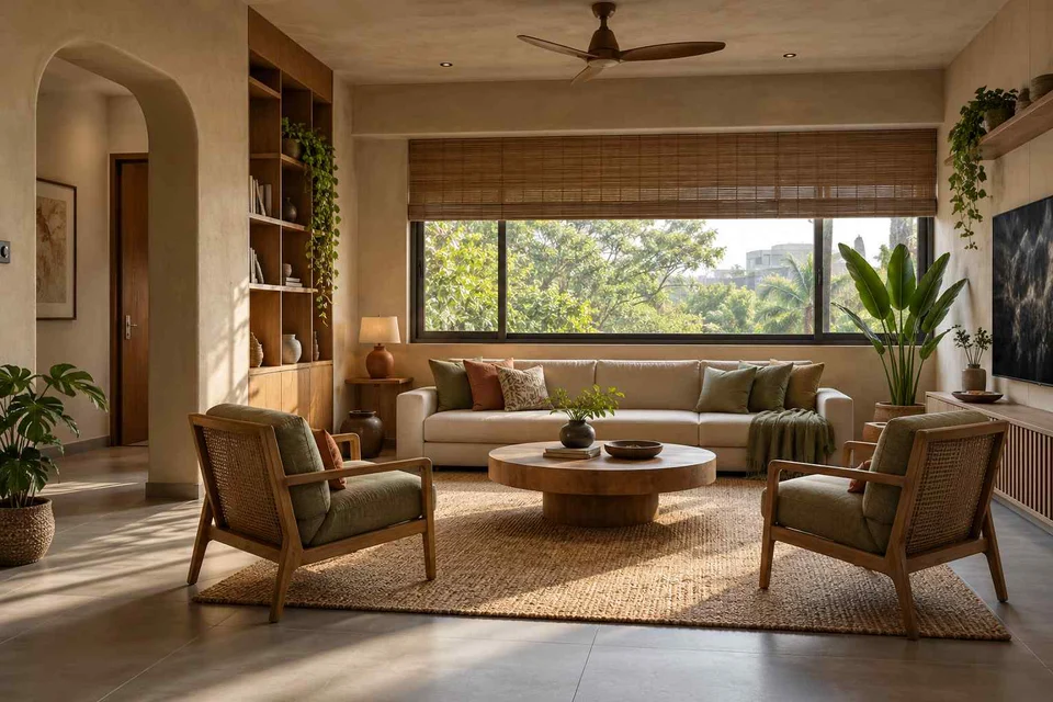 AI-generated living room design concept: wide window living, earth and bamboo direction