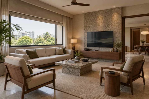 AI-generated living room design concept: wide window living, granite precision direction