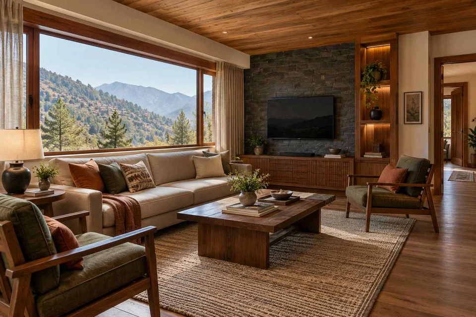 AI-generated living room design concept: wide window living, hill timber direction