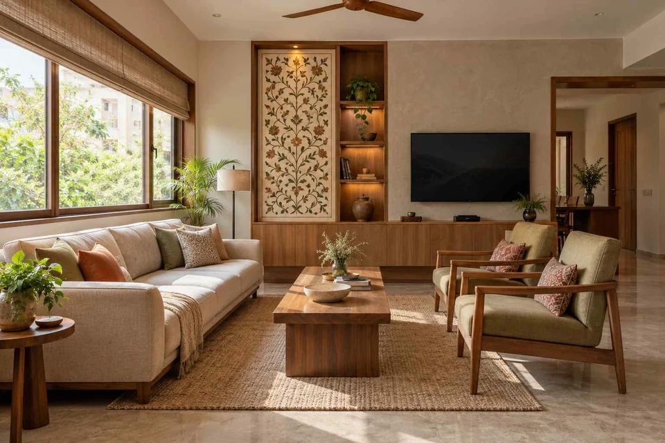 AI-generated living room design concept: wide window living, inlay atelier direction