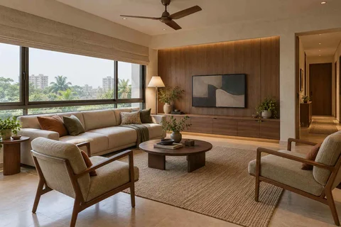 AI-generated living room design concept: wide window living, lime and walnut direction