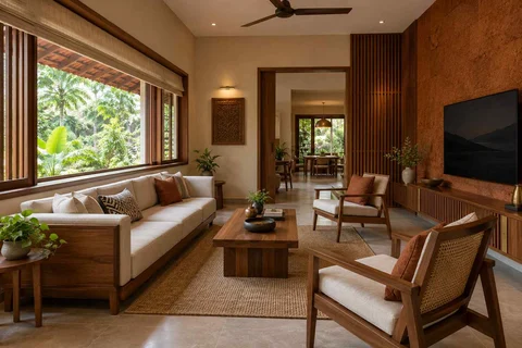AI-generated living room design concept: wide window living, malabar timber direction