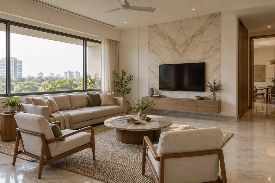 AI-generated living room design concept: wide window living, marble restraint direction