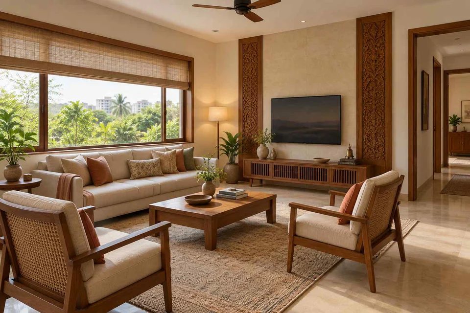 AI-generated living room design concept: wide window living, modern carved direction