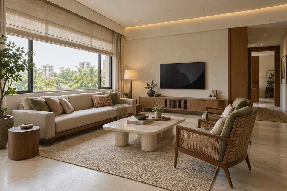 AI-generated living room design concept: wide window living, quiet contemporary direction