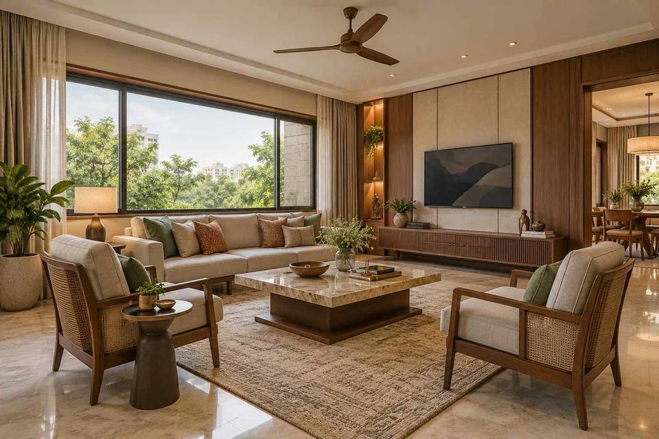 AI-generated living room design concept: wide window living, quiet transitional direction