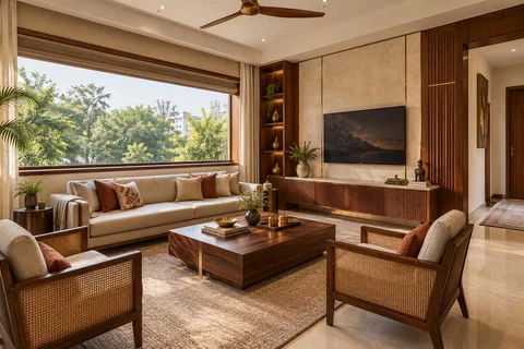 AI-generated living room design concept: wide window living, rosewood brass direction