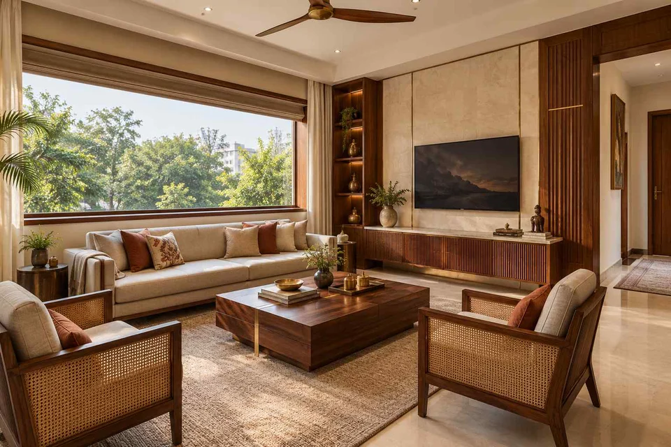 AI-generated living room design concept: wide window living, rosewood brass direction