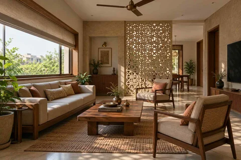 AI-generated living room design concept: wide window living, sandstone lattice direction
