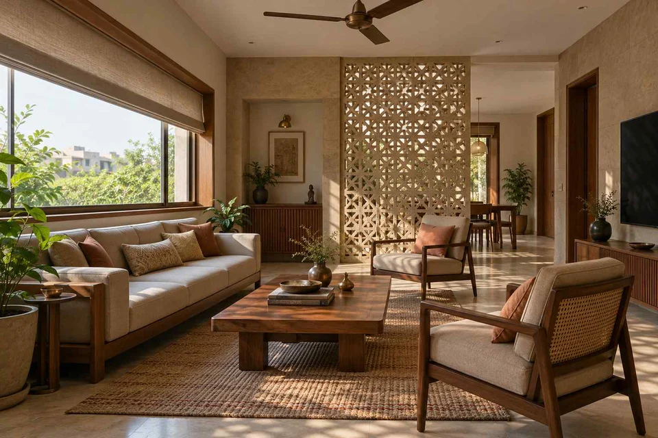 AI-generated living room design concept: wide window living, sandstone lattice direction