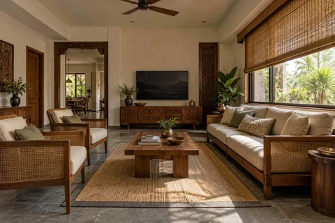AI-generated living room design concept: wide window living, teak craft direction