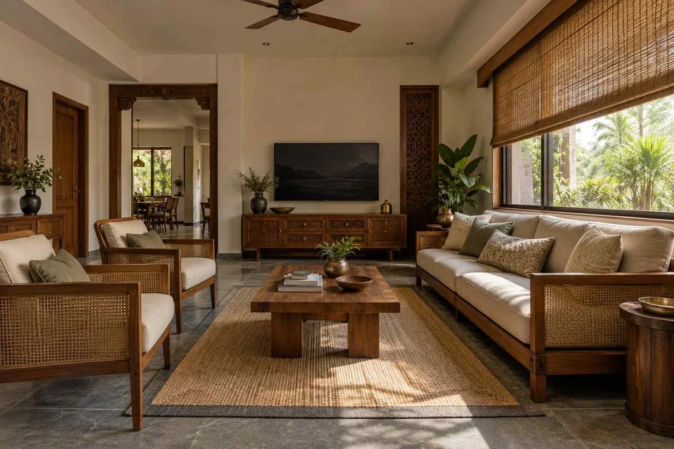 AI-generated living room design concept: wide window living, teak craft direction