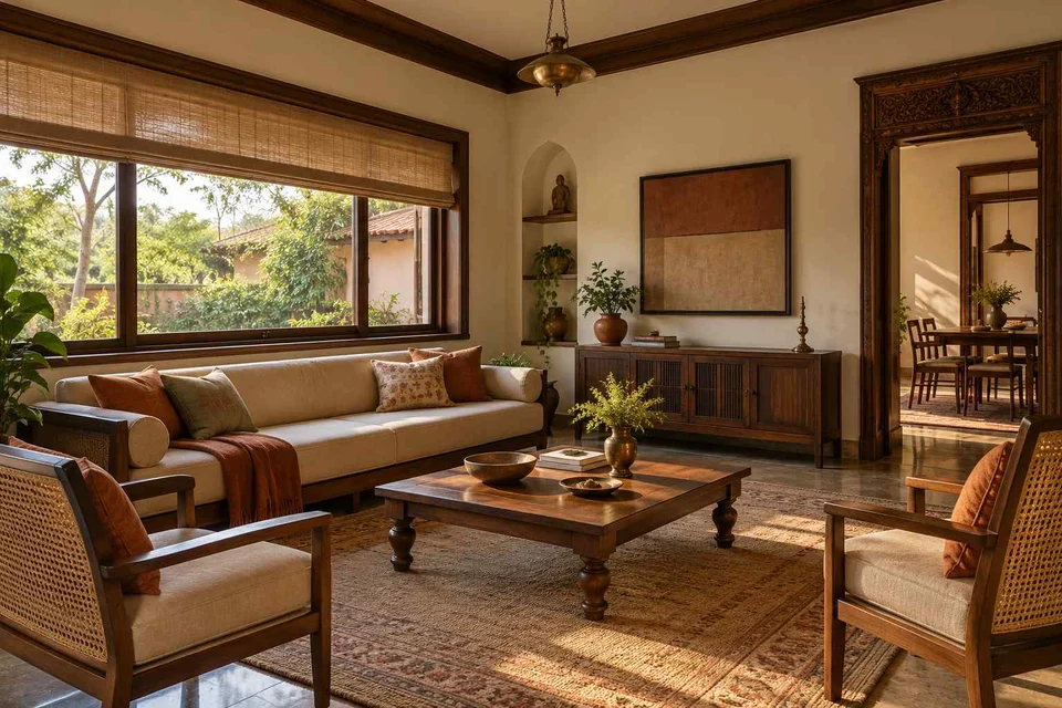 AI-generated living room design concept: wide window living, terracotta heritage direction