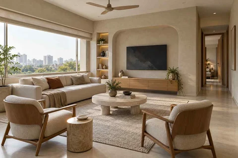 AI-generated living room design concept: wide window living, textured mineral direction