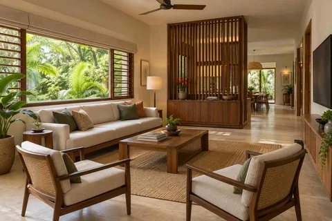 AI-generated living room design concept: wide window living, tropical slatted direction