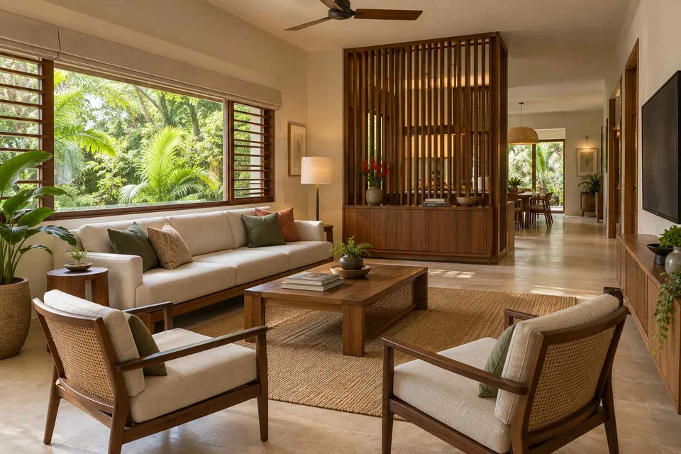 AI-generated living room design concept: wide window living, tropical slatted direction